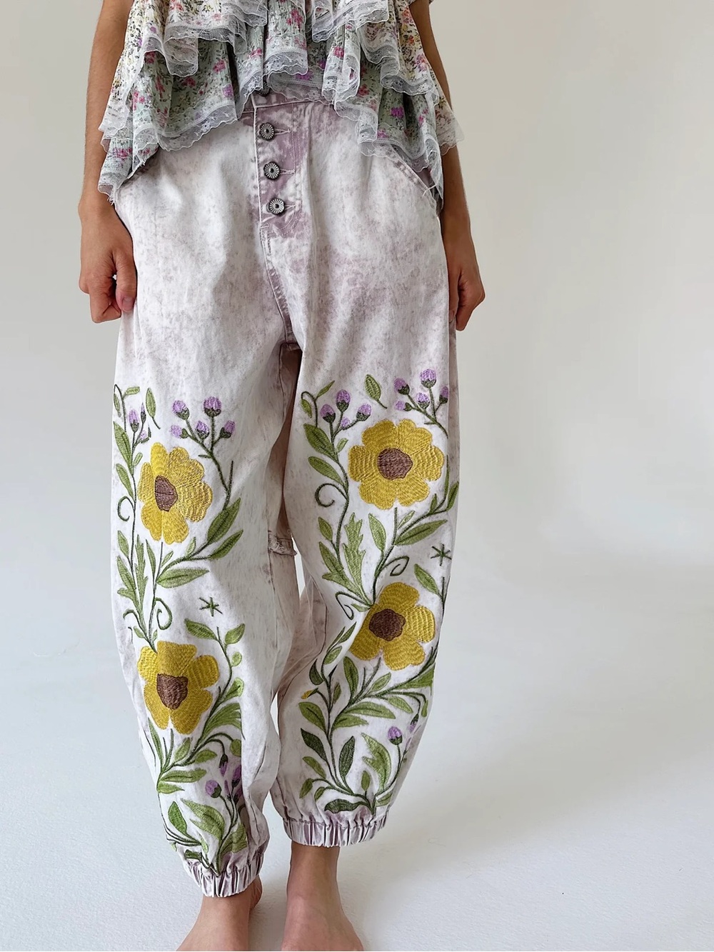 POL Pink Washed Floral Embroidered Jogger Pants | Elastic Waist Relaxed Boho